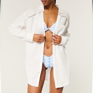 Hollister Cream Top Gauze Button-Through Mini Shirt Dress